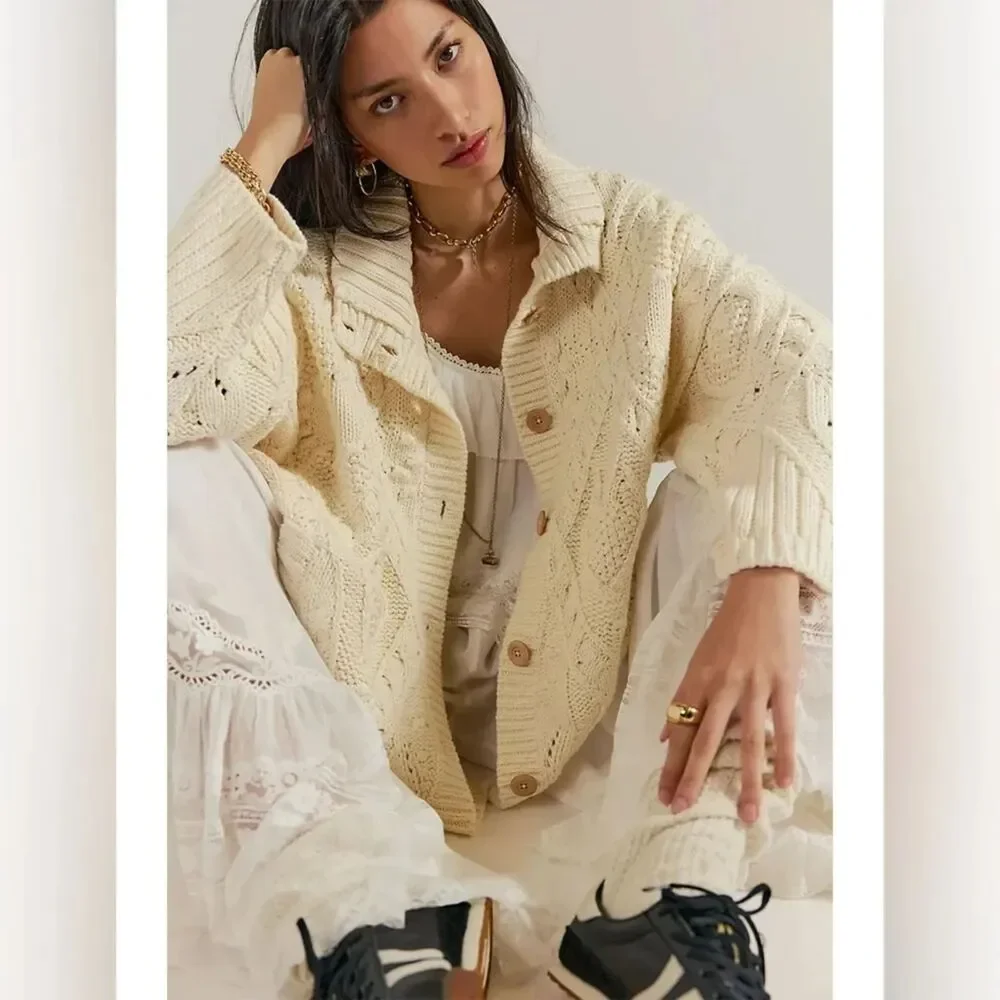 Free People Heart You Cardigan Ivory Button-Up Cardigan Sweater Size Medium